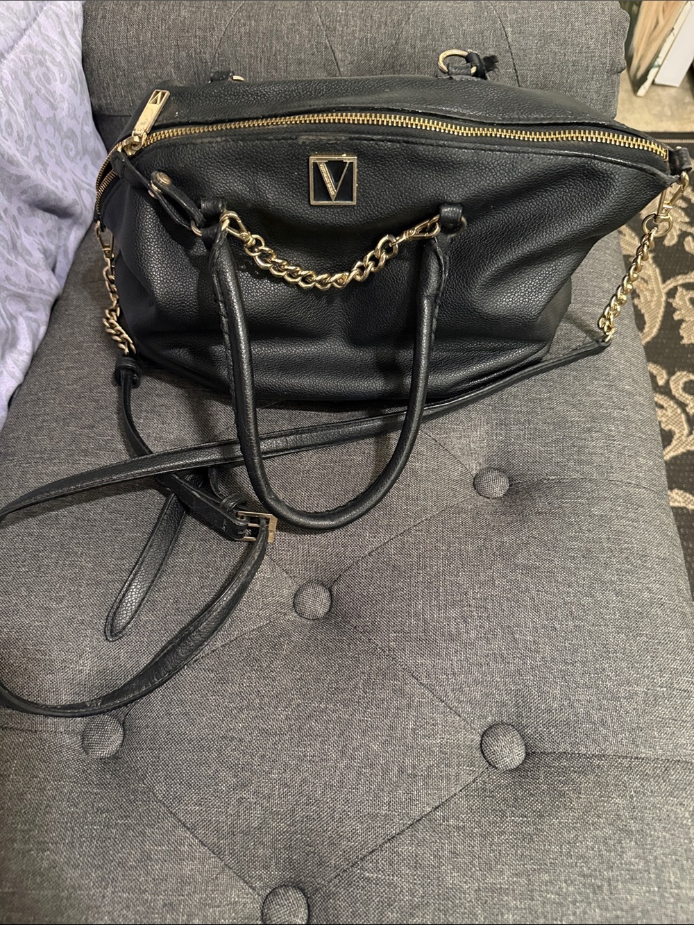 Victoria's Secret Black Pebbled Leather Shoulder Bag with Gold Hardware